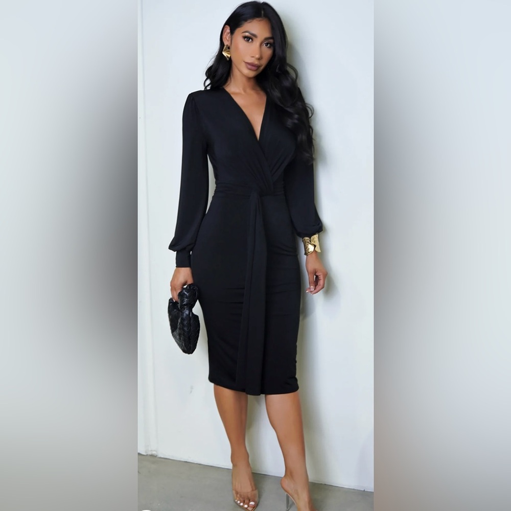 Emprada Brynlee Twist Long Sleeve Midi Dress - Black Size Large